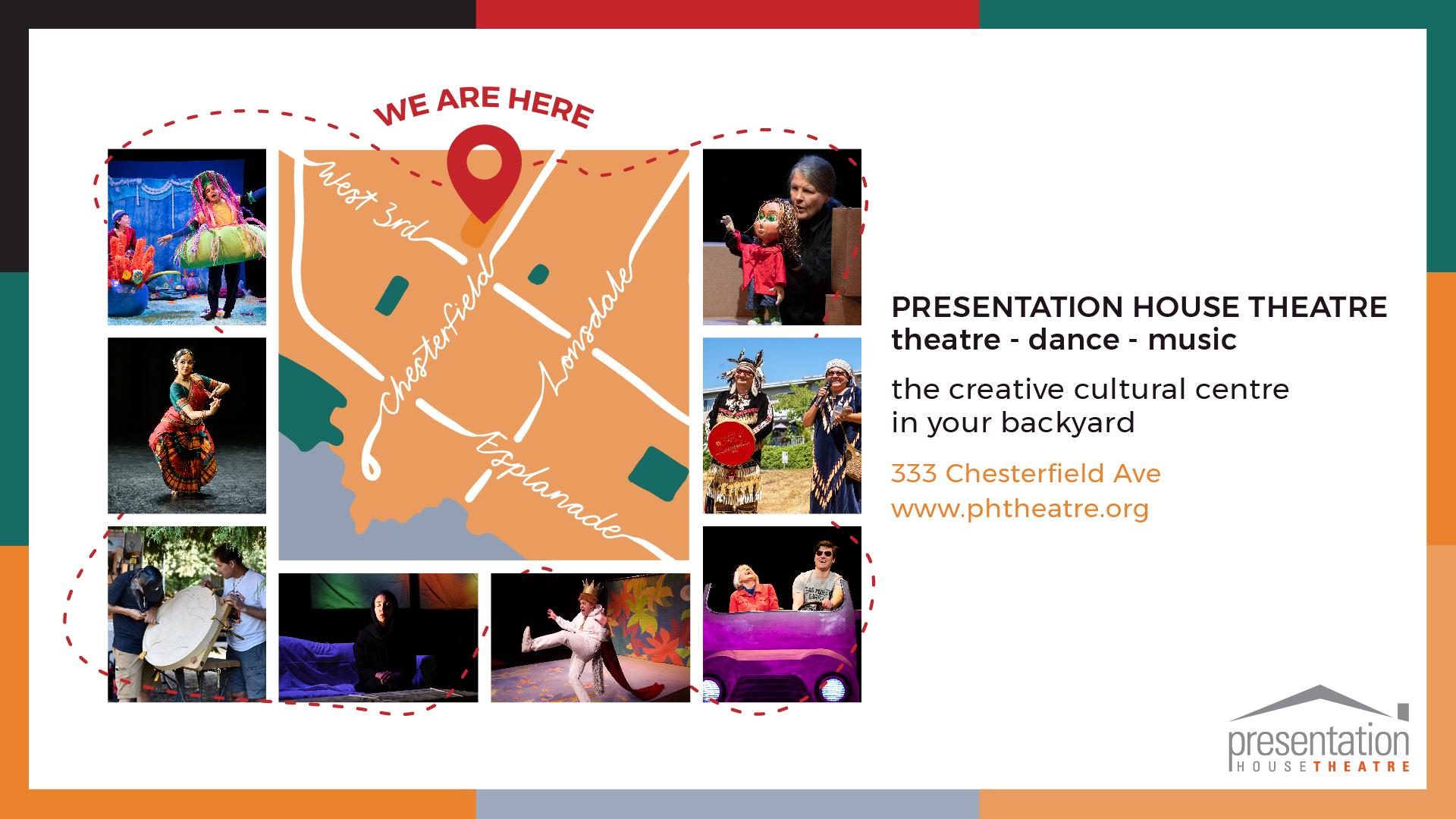 A banner image with the text: "Presentation House Theatre: theatre, dance, music" and below that, "the creative cultural centre in your backyard". Below that text is the street address, "333 Chesterfield Ave", and the web address, "www.phtheatre.org". The banner image includes the PHT logos and various photos of theatrical productions, community events, artwork, music, and dance.
